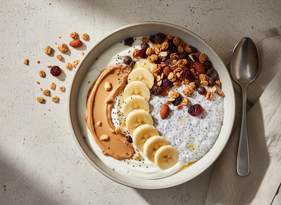 Yogurt bowl with banana, granola, chia pudding, and peanut butter photo