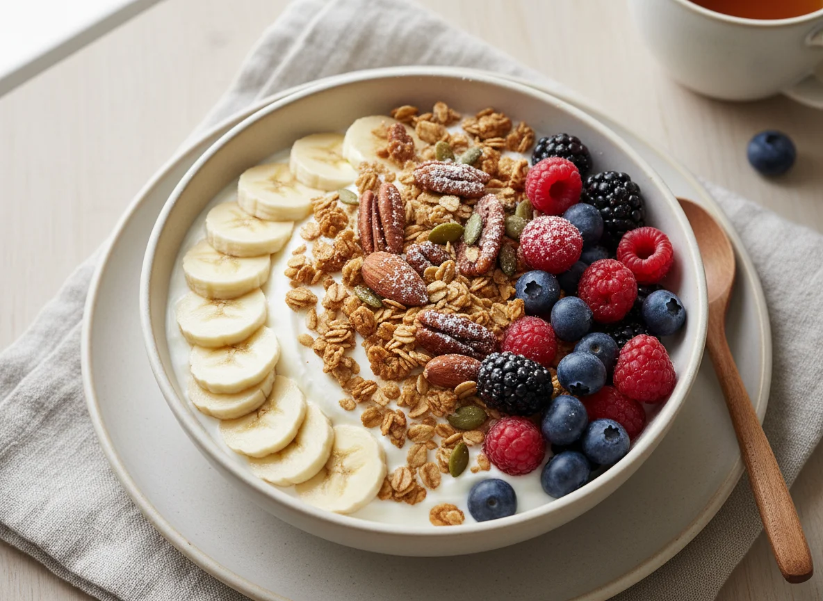 Yogurt bowl with banana, mixed berries, and granola photo