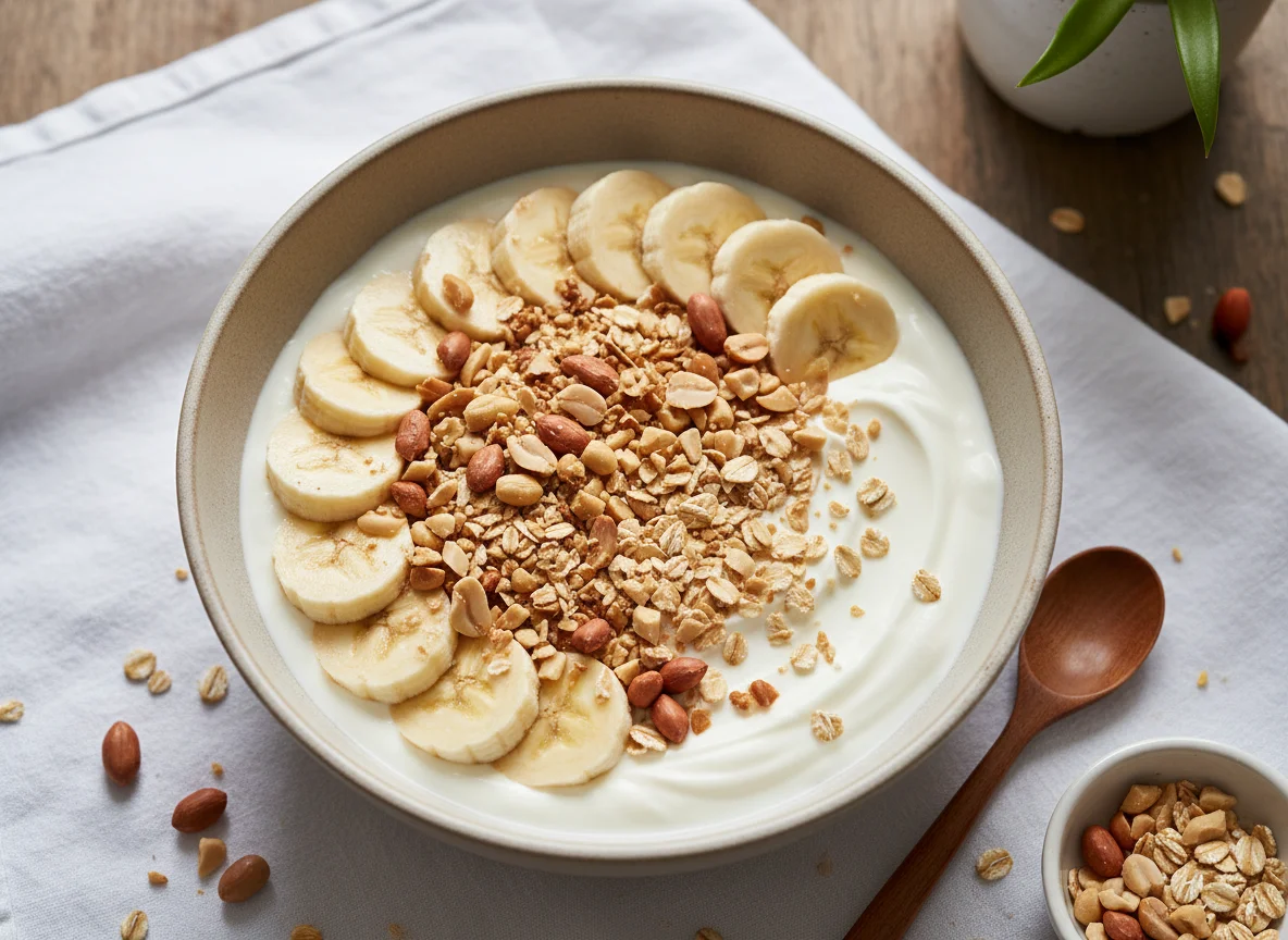 Yogurt bowl with banana, oats, and peanuts photo
