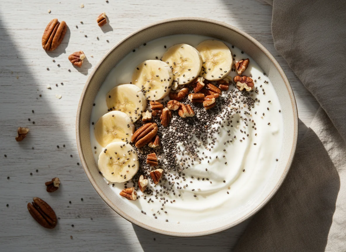 Yogurt bowl with banana, pecans, and chia seeds photo