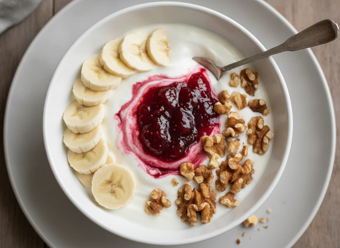 Yogurt bowl with banana, walnuts and jam photo