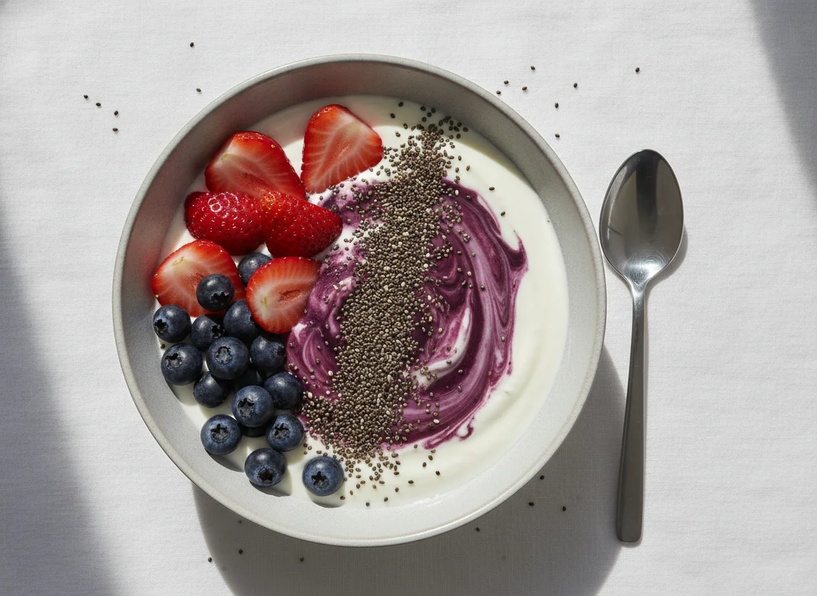 Yogurt bowl with berries and chia seeds photo