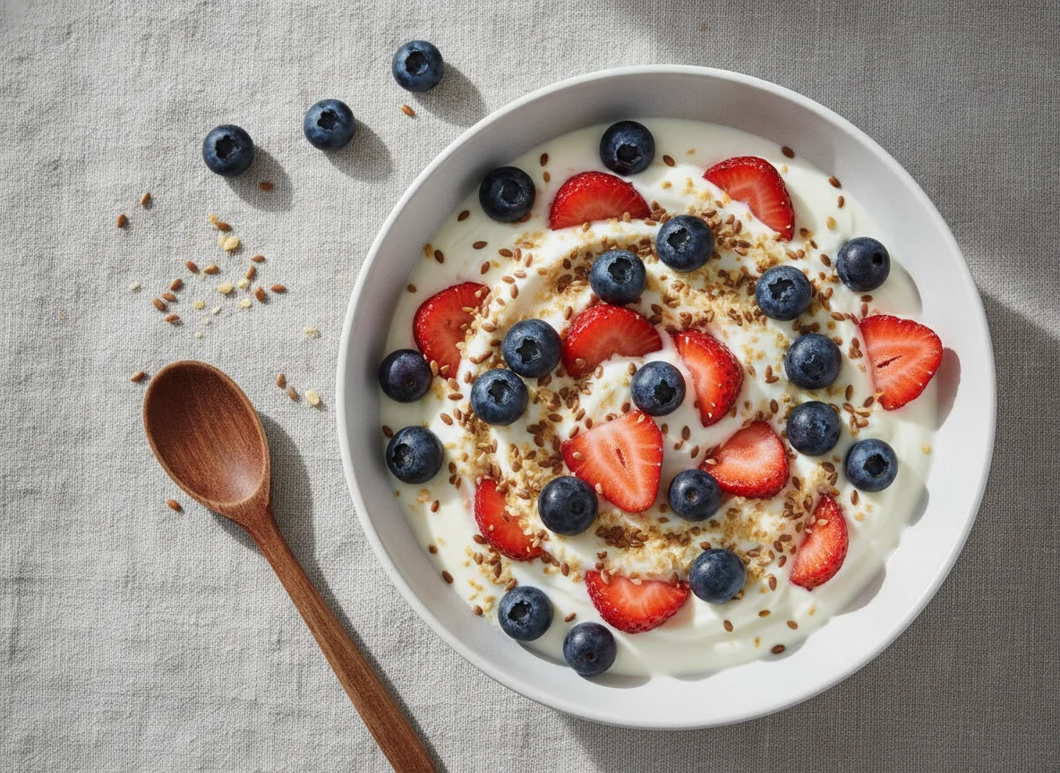 Yogurt bowl with berries and flaxseed photo