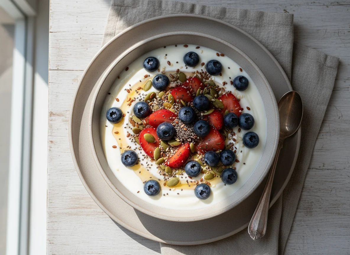 Yogurt bowl with berries and seed mix photo