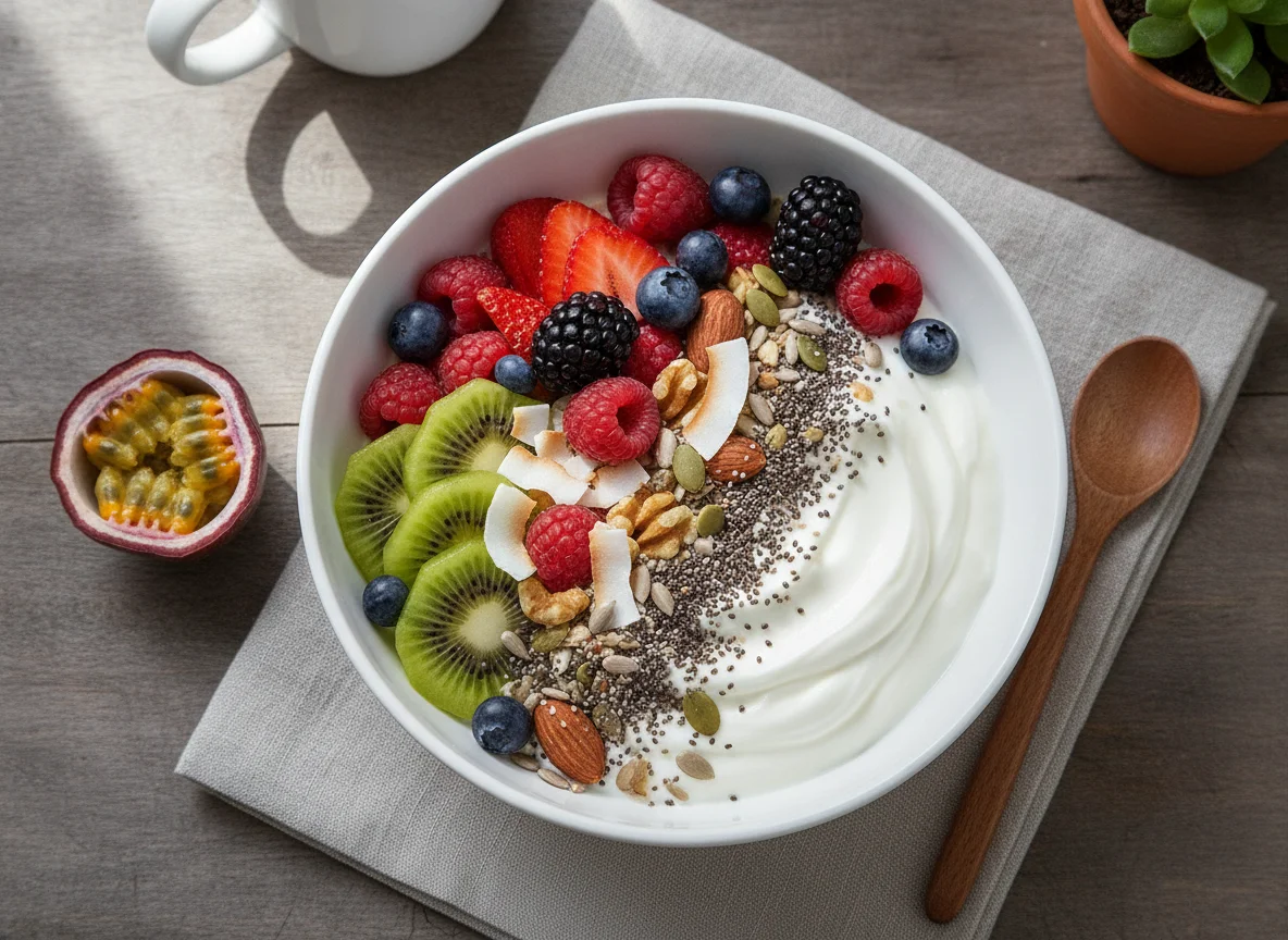 Yogurt bowl with berries and seeds photo
