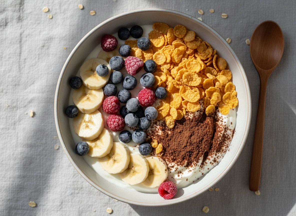 Yogurt Bowl with Berries, Banana, Cereal, and Cocoa photo