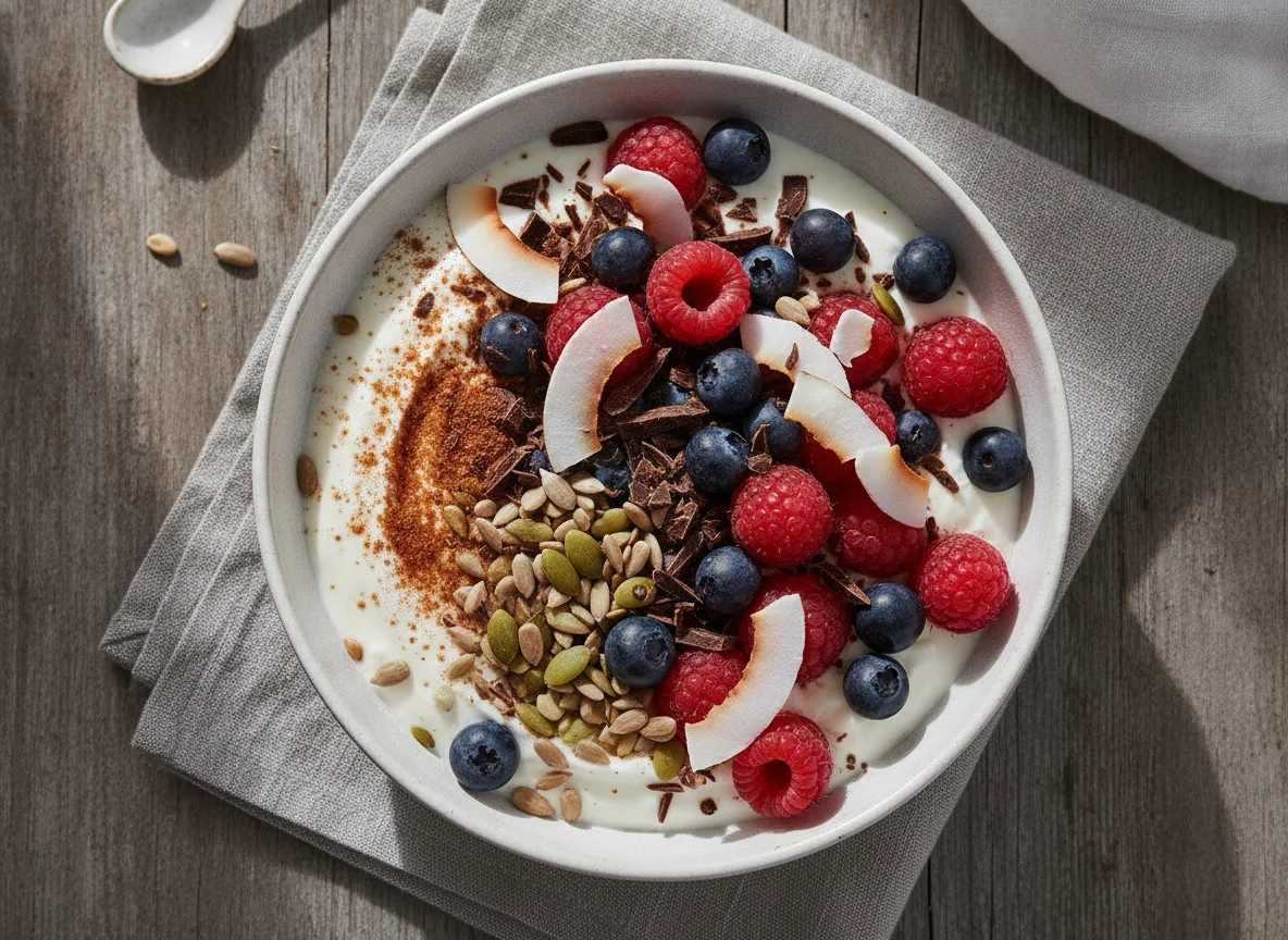 Yogurt bowl with berries, coconut, and dark chocolate photo