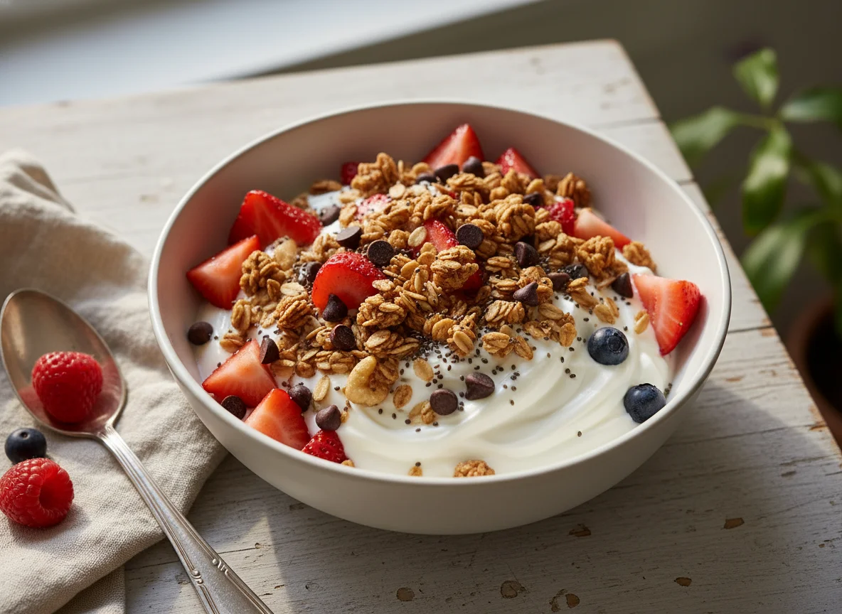 Yogurt Bowl with Berries, Granola, and Chocolate Chips photo