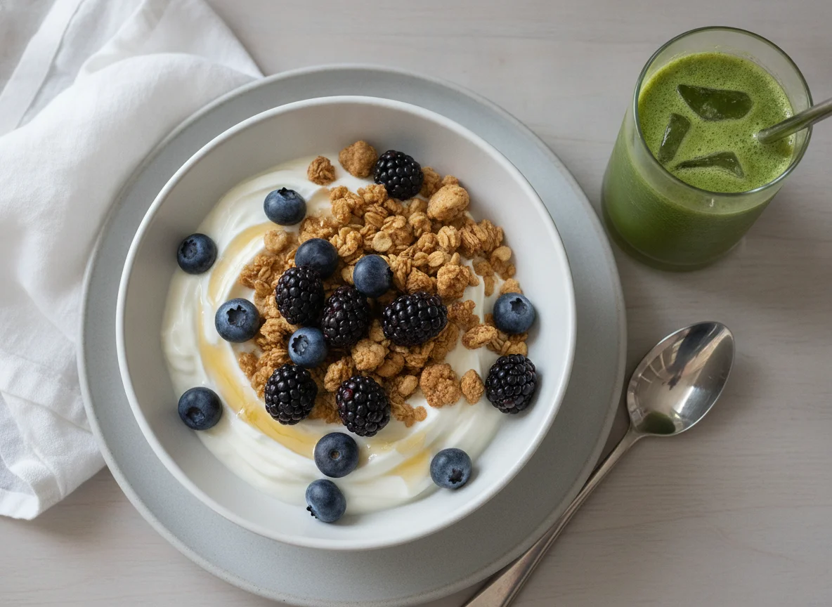 Yogurt Bowl with Berries, Granola, and Green Juice photo
