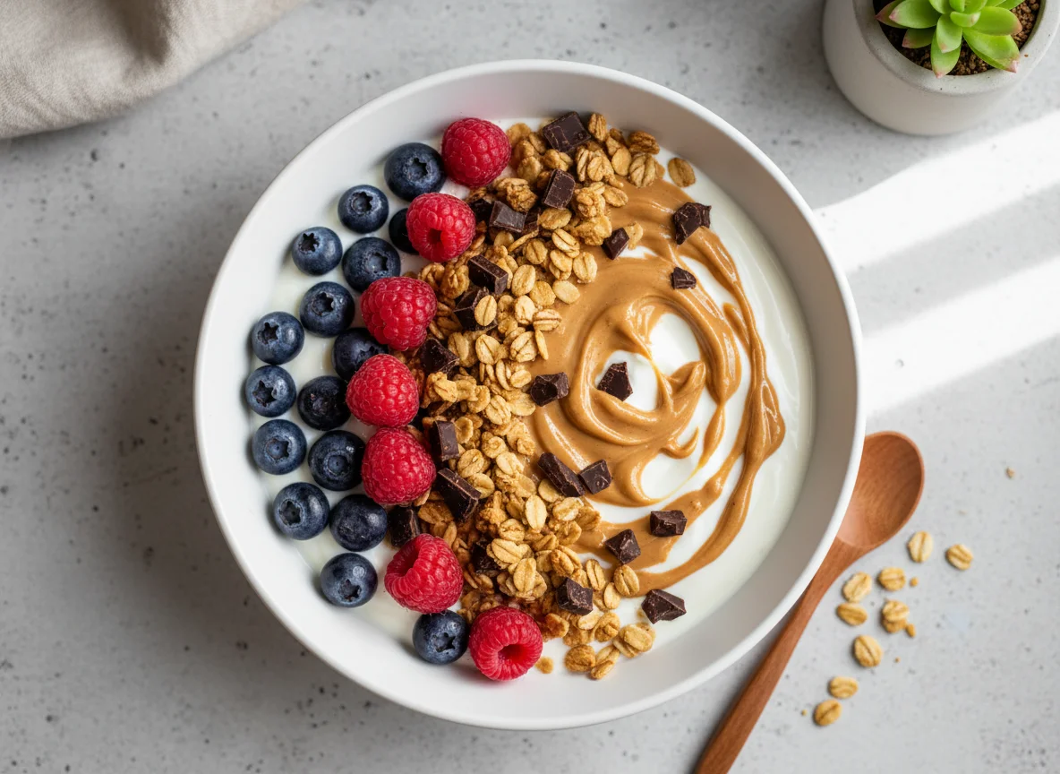 Yogurt Bowl with Berries, Granola, and Peanut Butter photo