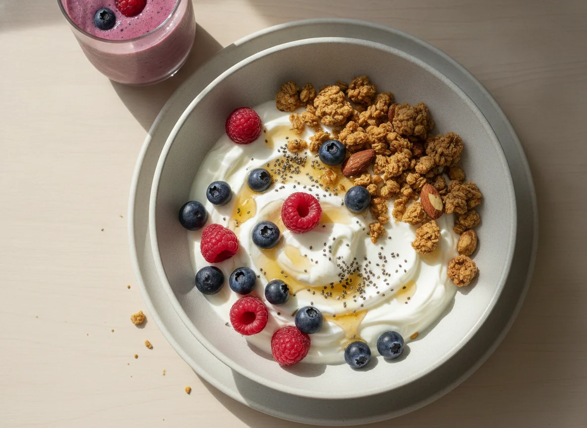 Yogurt bowl with berries, granola, and seeds photo