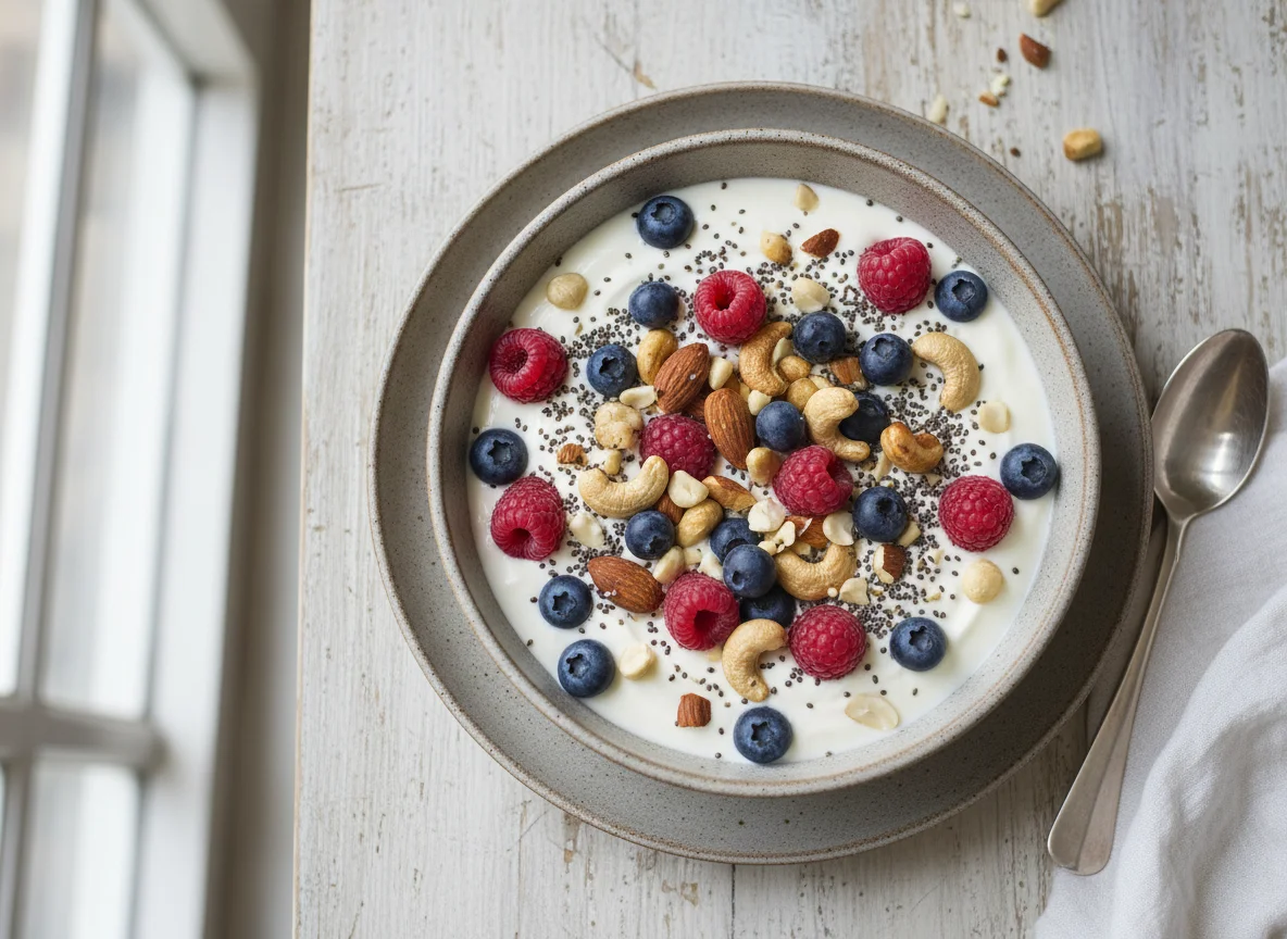 Yogurt bowl with berries, nuts and chia seeds photo