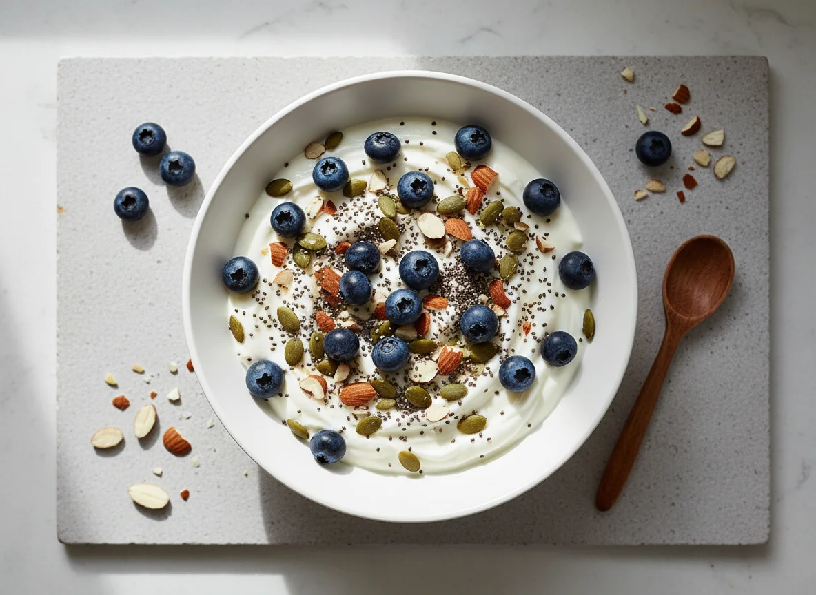 Yogurt bowl with berries, nuts and seeds photo