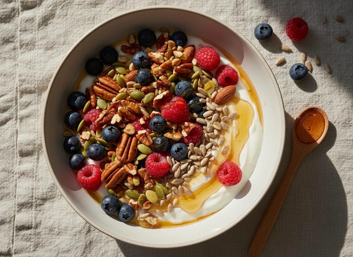 Yogurt Bowl with Berries, Nuts, Seeds, and Honey photo