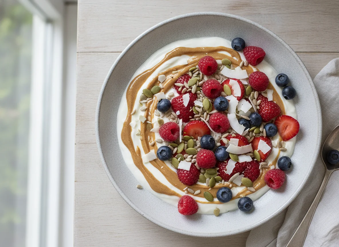 Yogurt bowl with berries, seeds, and nut butter photo