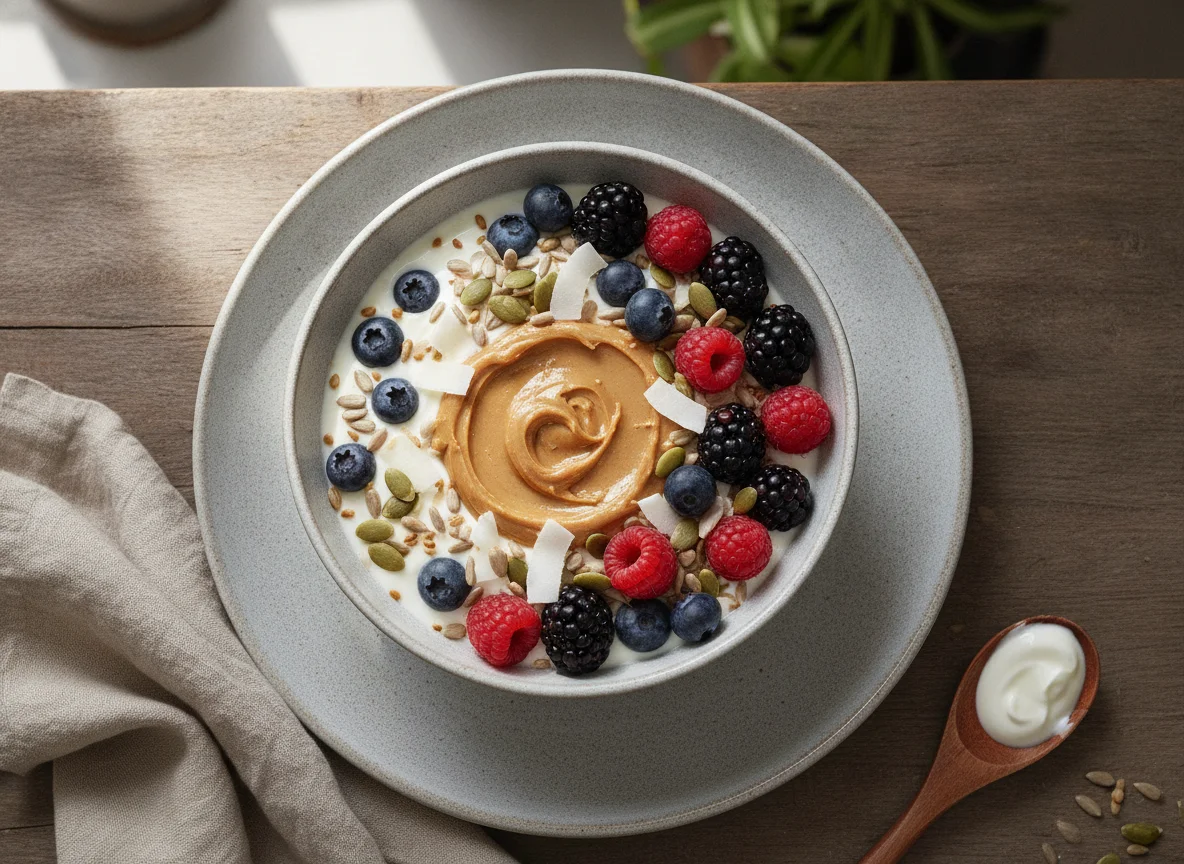 Yogurt bowl with berries, seeds, and peanut butter photo