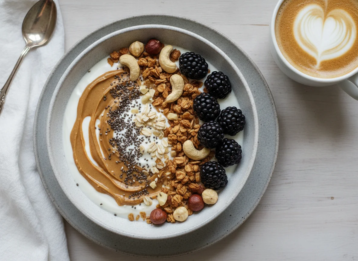 Yogurt bowl with blackberries, nuts, and peanut butter photo