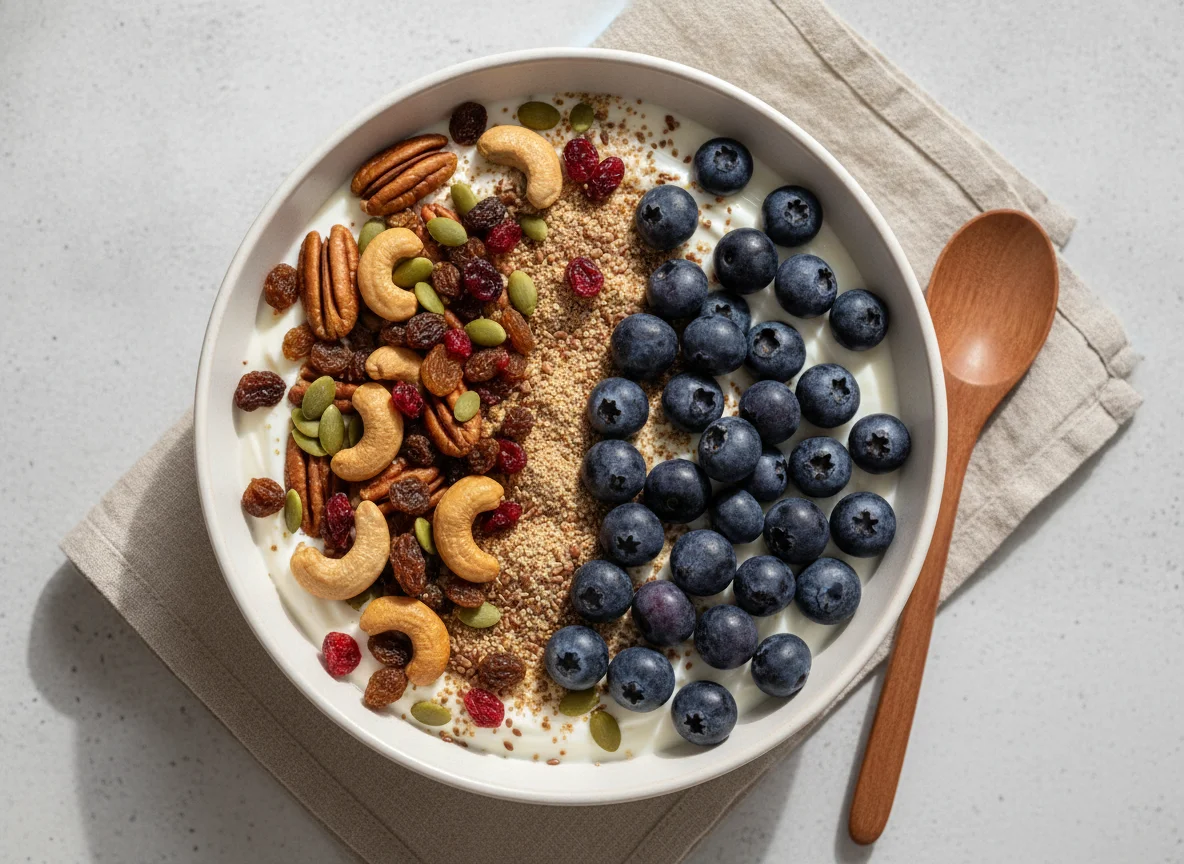 Yogurt bowl with blueberries and mixed nuts photo