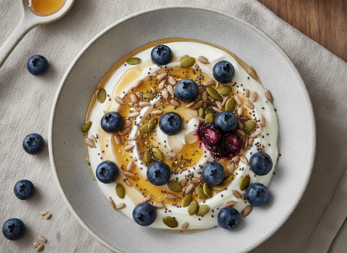 Yogurt bowl with blueberries and mixed seeds photo