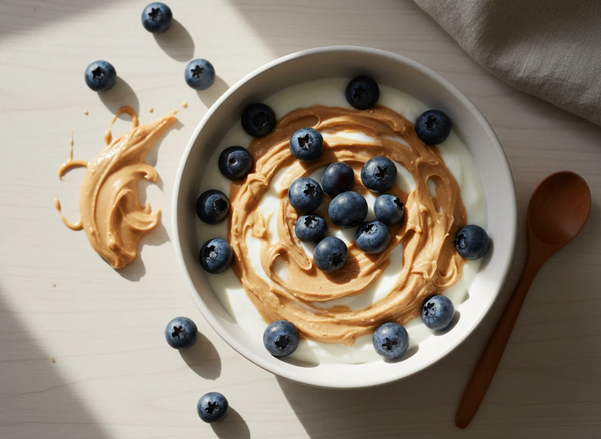 Yogurt bowl with blueberries and peanut butter photo