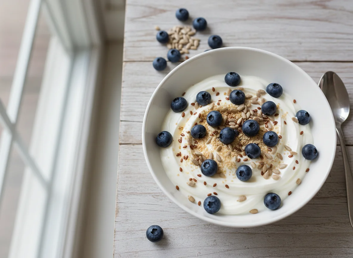 Yogurt bowl with blueberries, flaxseed, and sunflower seeds photo