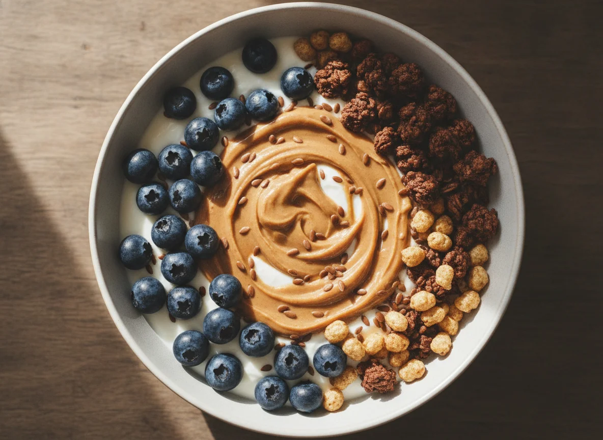 Yogurt bowl with blueberries, granola, and peanut butter photo