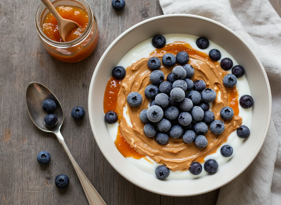 Yogurt bowl with blueberries, peanut butter, and jam photo