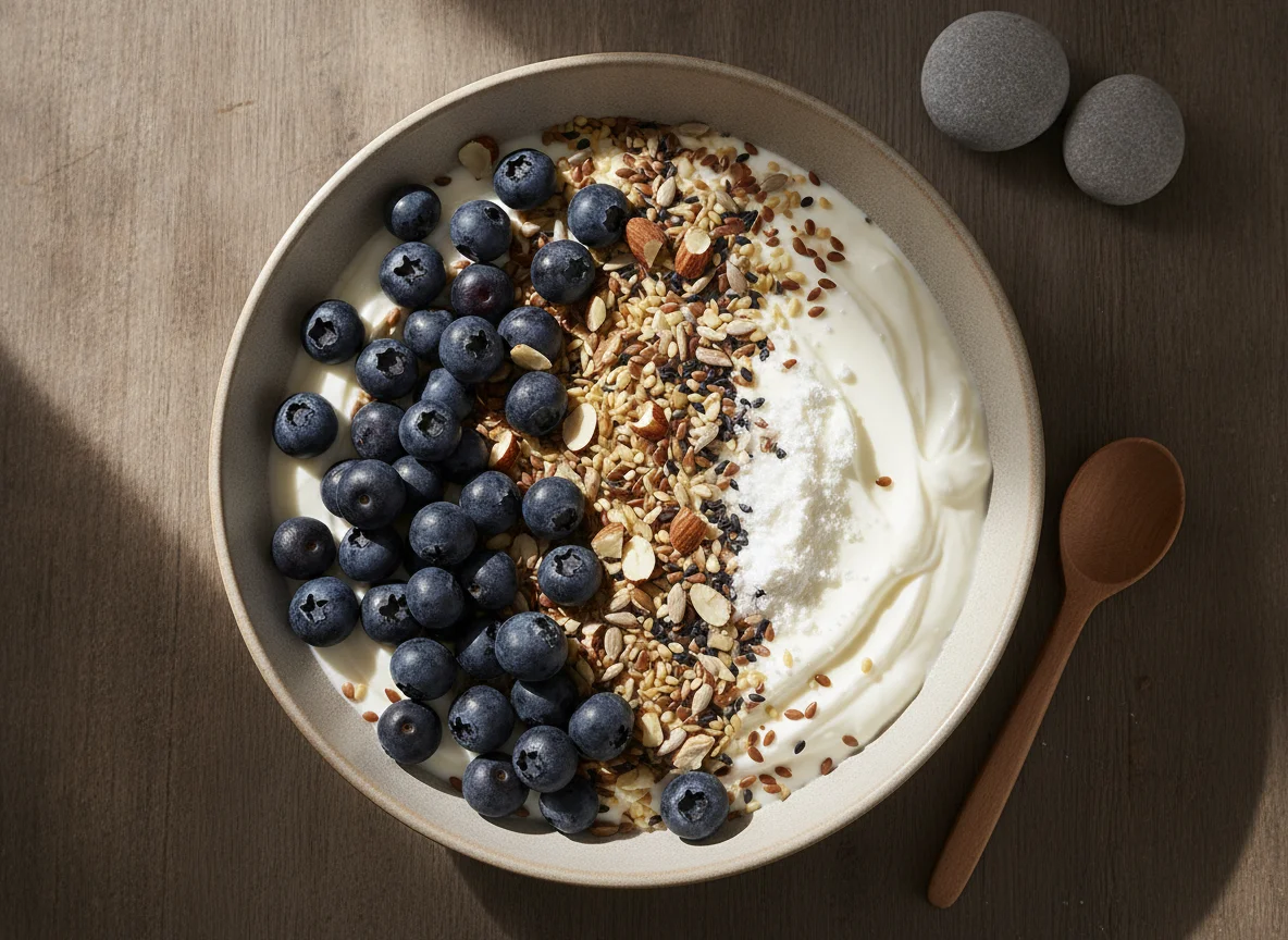Yogurt bowl with blueberries, seeds, and protein powder photo