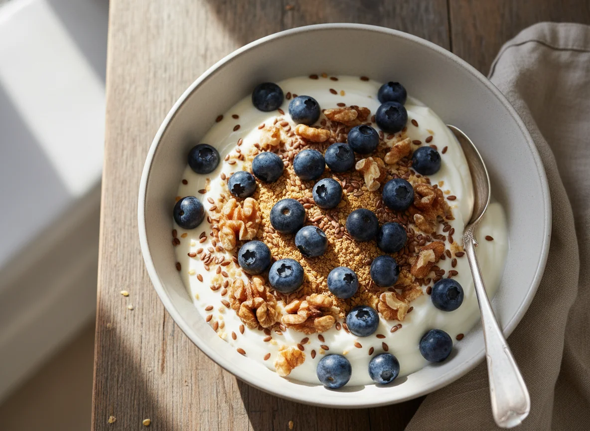 Yogurt bowl with blueberries, walnuts, and flaxseed photo