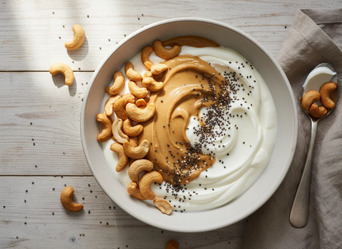 Yogurt bowl with cashews, chia seeds, and nut butter photo