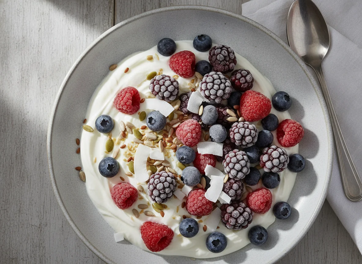 Yogurt bowl with frozen berries and mixed seeds photo