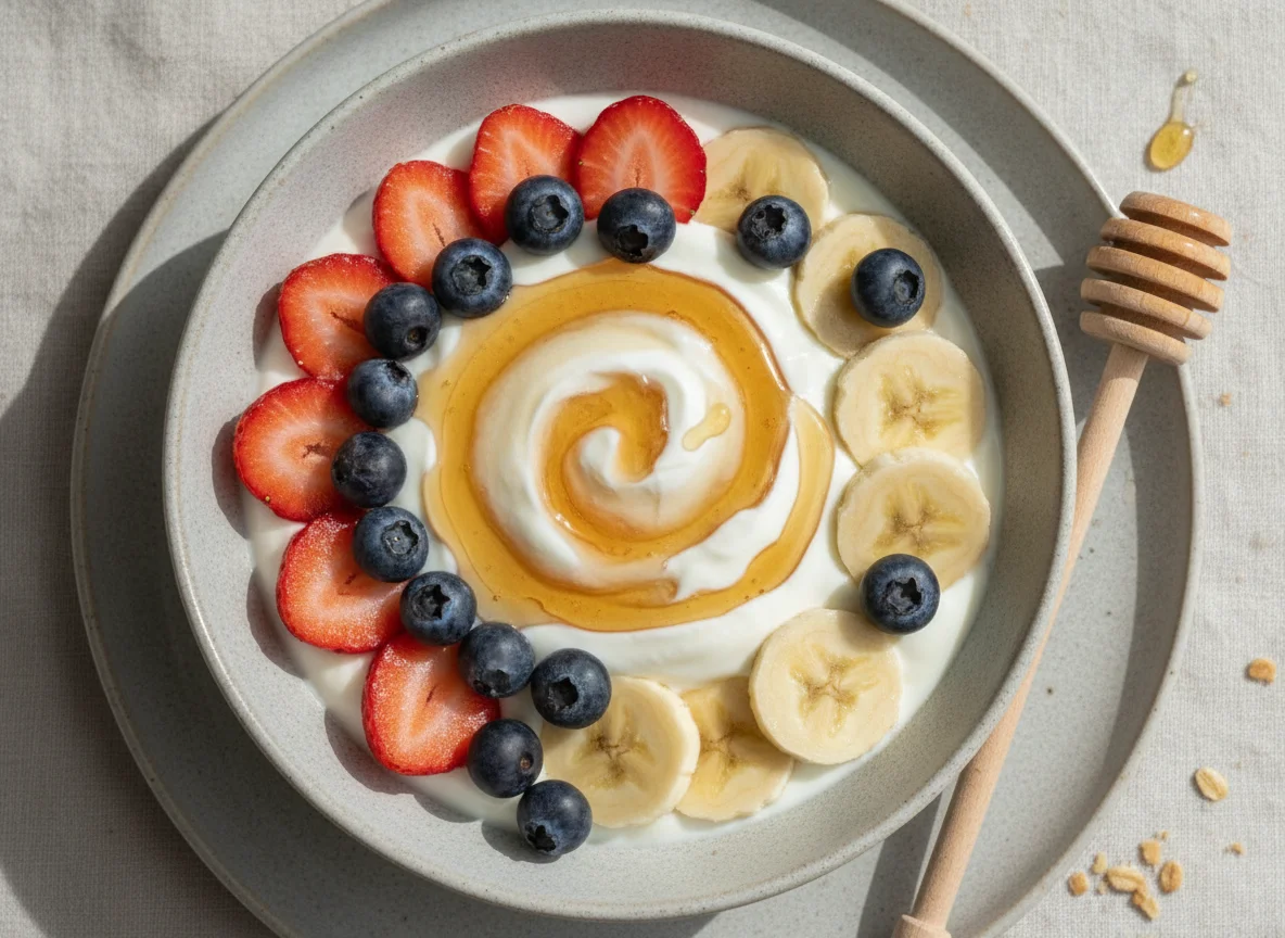 Yogurt bowl with fruit and honey photo