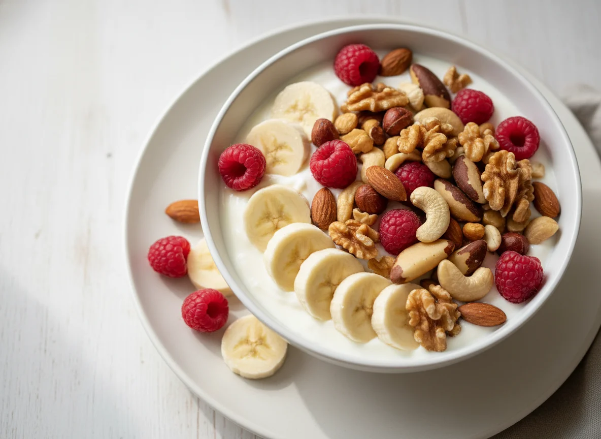 Yogurt bowl with fruit and nuts photo