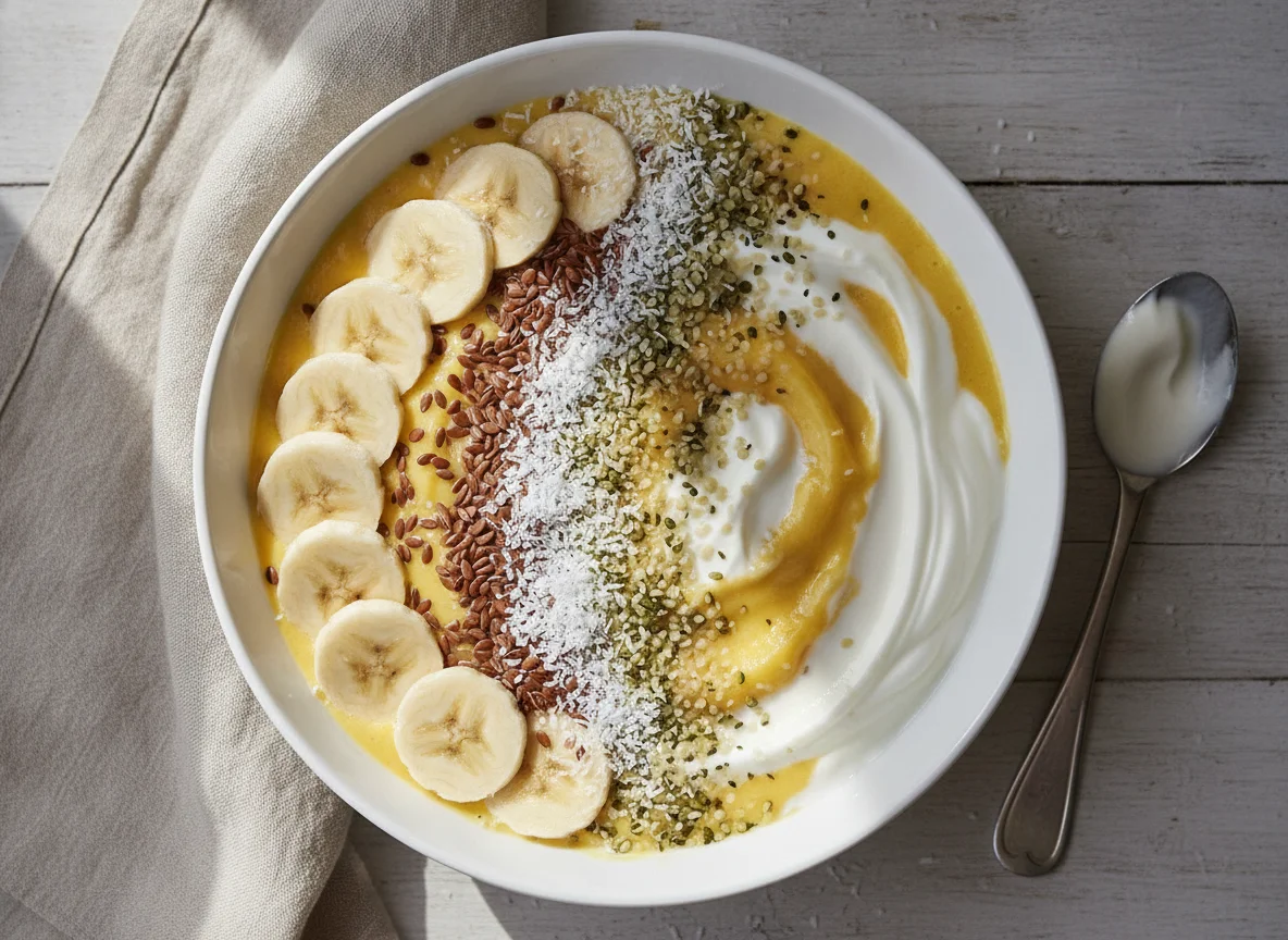 Yogurt bowl with fruit and seeds photo