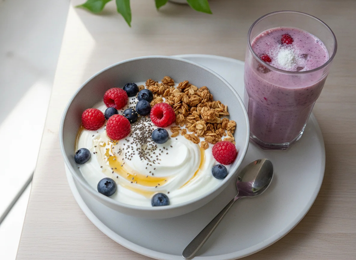 Yogurt bowl with fruit and smoothie photo