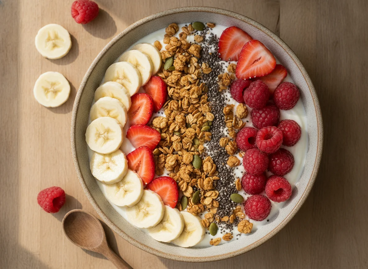 Yogurt bowl with fruit, granola, and seeds photo