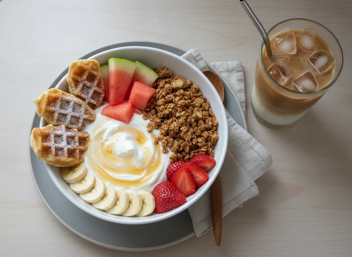 Yogurt bowl with fruit, granola, and waffles with iced coffee photo