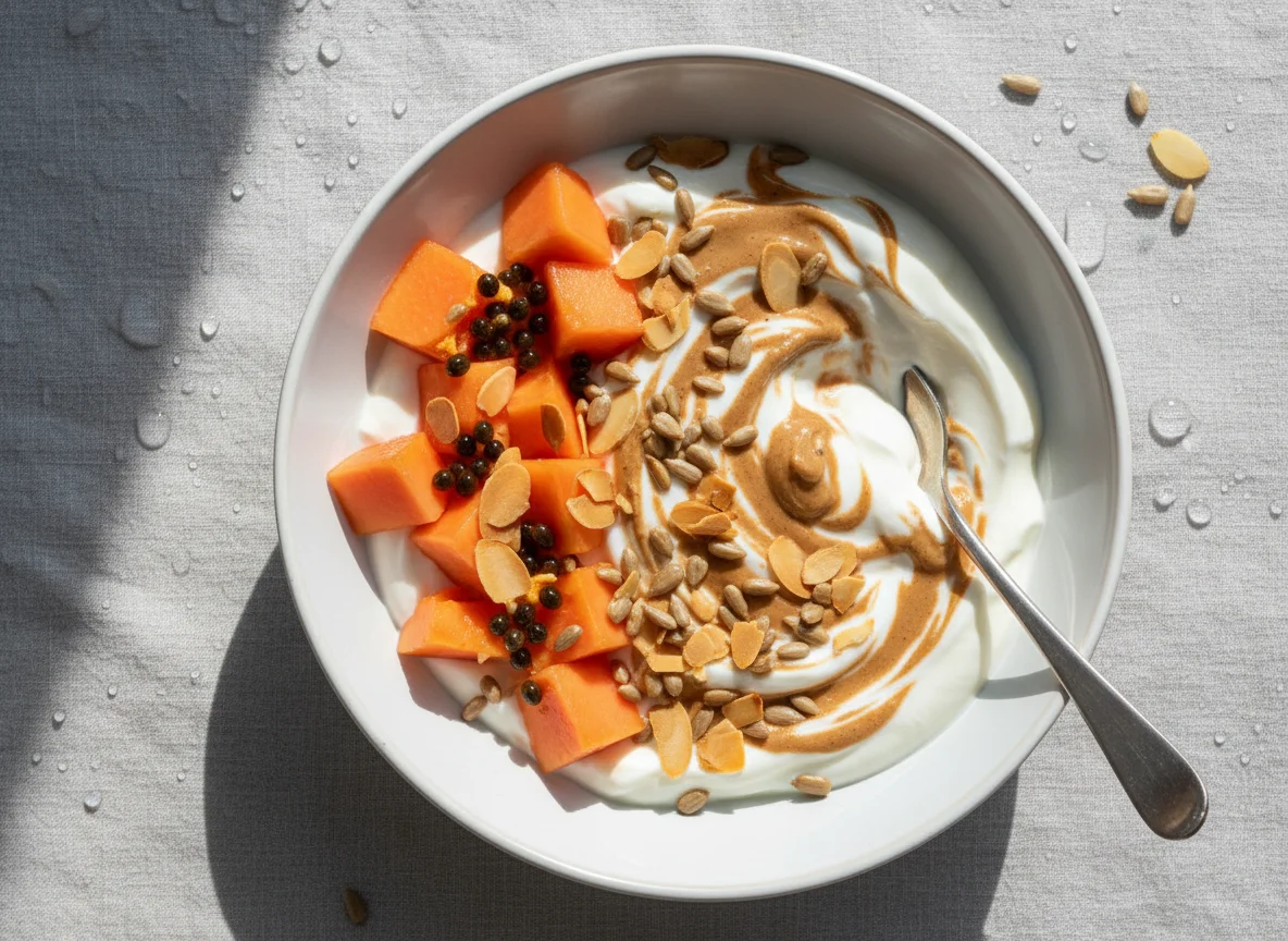 Yogurt bowl with fruit, nuts and seeds photo