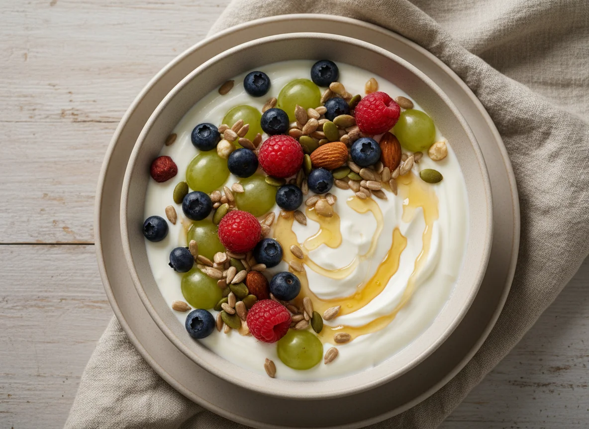 Yogurt bowl with fruit, nuts, and seeds photo