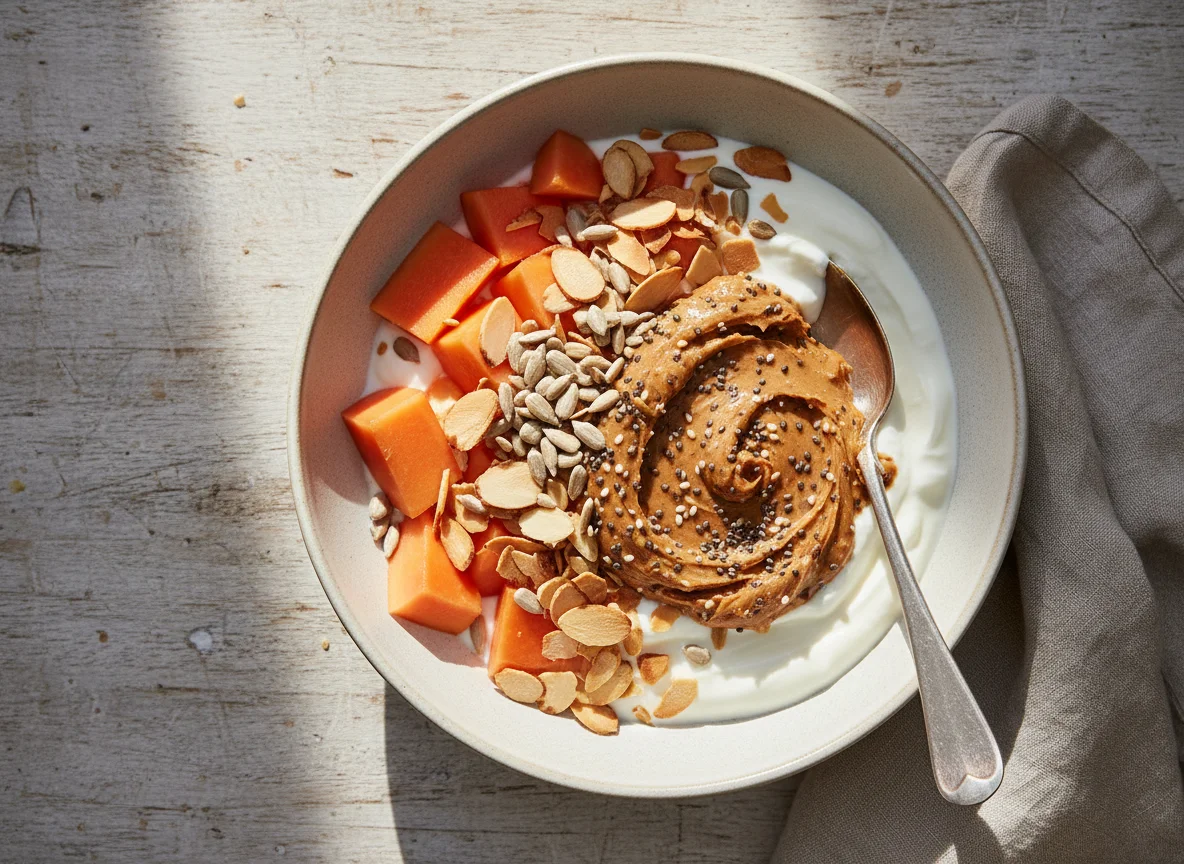 Yogurt bowl with fruit, seeds, nuts and everything butter photo