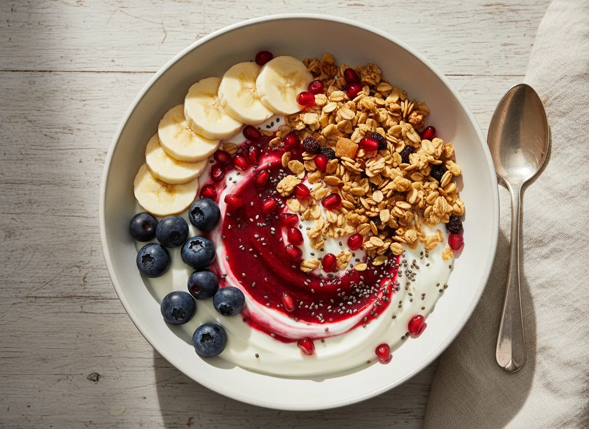 Yogurt bowl with fruits and granola photo