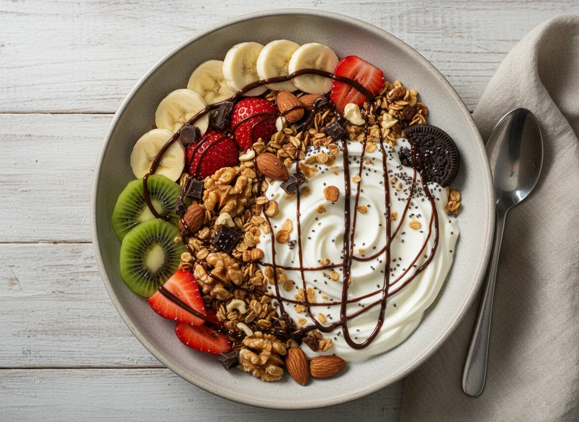 Yogurt bowl with fruits, nuts, and chocolate photo