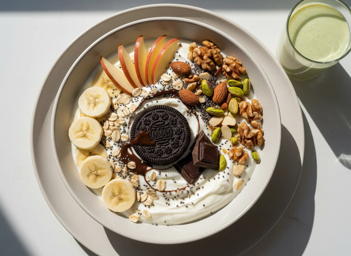 Yogurt bowl with fruits, nuts, and cookie photo