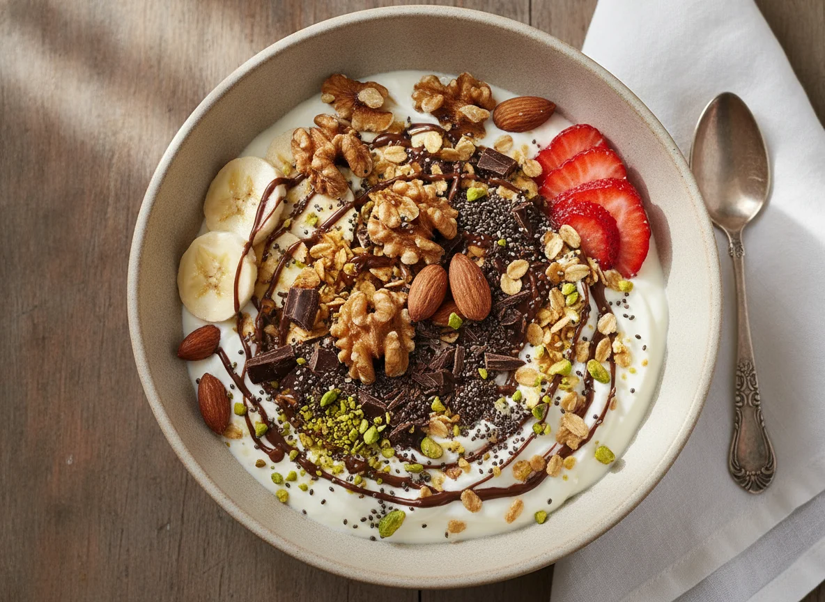 Yogurt bowl with fruits, nuts, and seeds photo