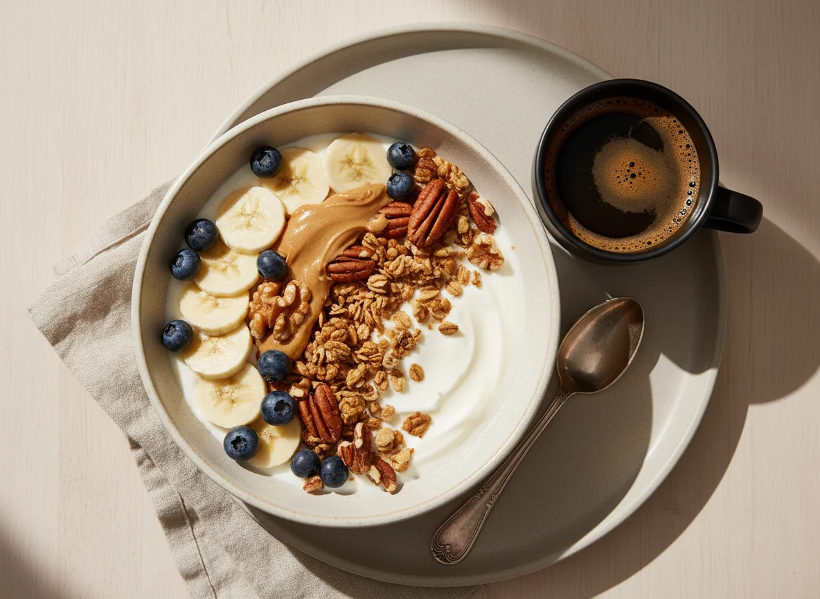 Yogurt Bowl with Fruits, Nuts, Granola and Peanut Butter, with Coffee photo