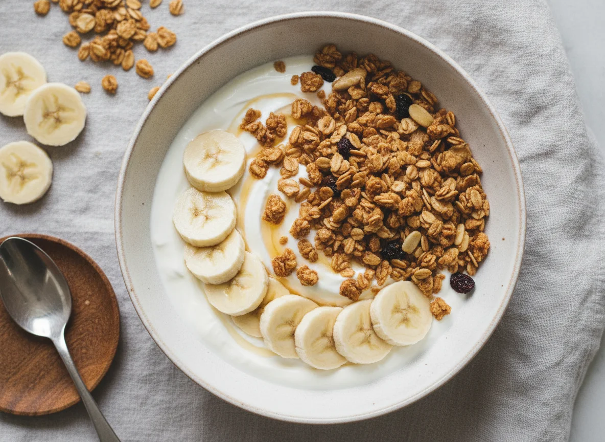 Yogurt bowl with granola and banana photo