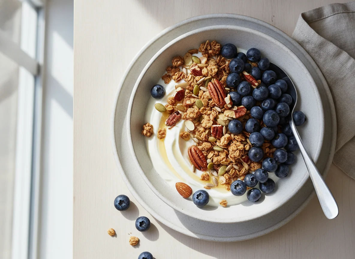 Yogurt Bowl with Granola and Blueberries photo