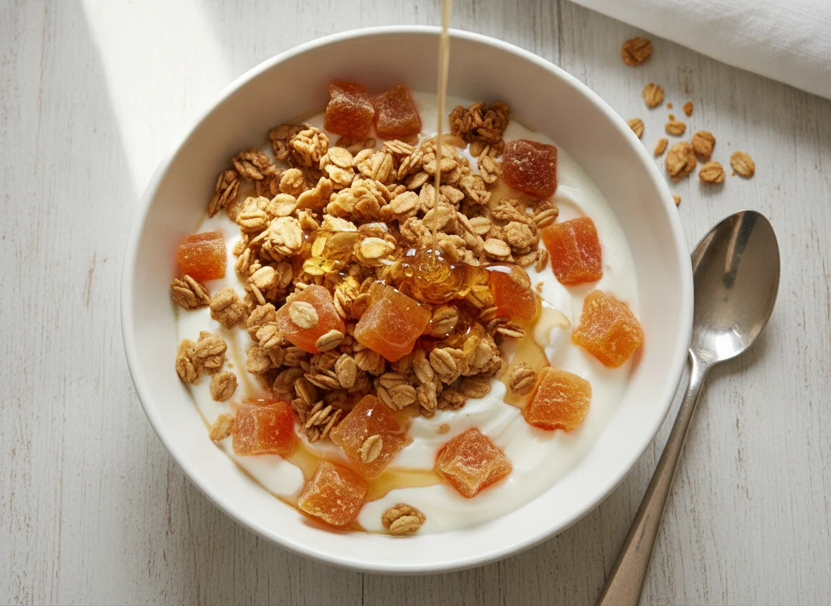 Yogurt bowl with granola and dried fruit photo