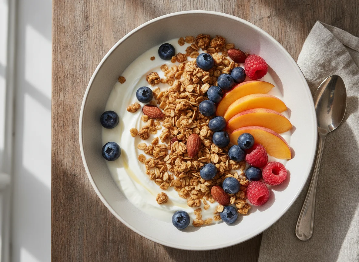 Yogurt bowl with granola and fresh fruit photo