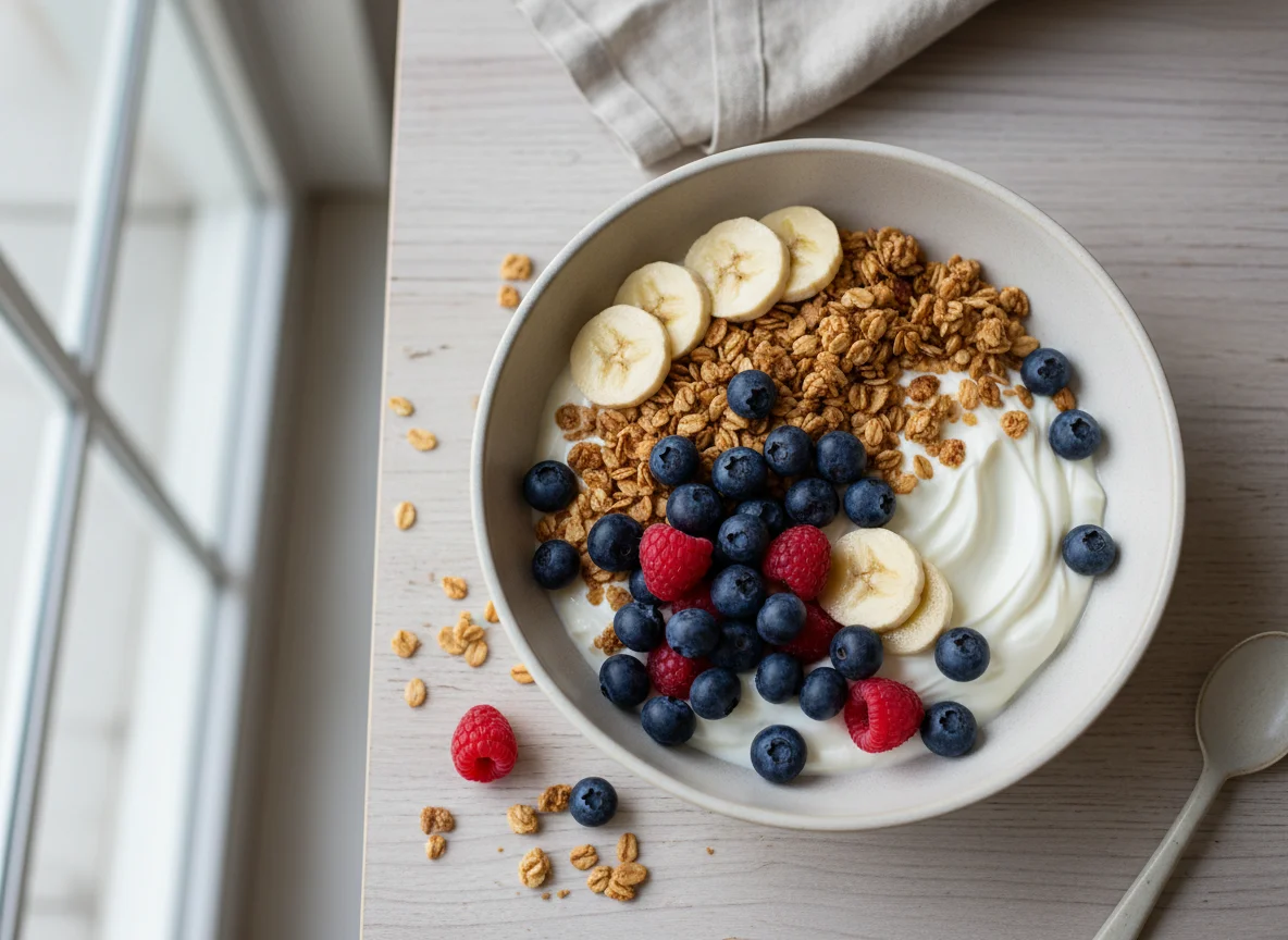 Yogurt bowl with granola and mixed berries photo
